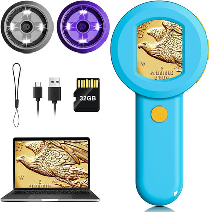 Pocket Digital Microscope for Adults Kids: 100X Handheld Magnifying Glass with Light, USB Coin Magnifier for Collector, Portable Jewelers Loupe with 2" Screen, Mini Scope for Trichome