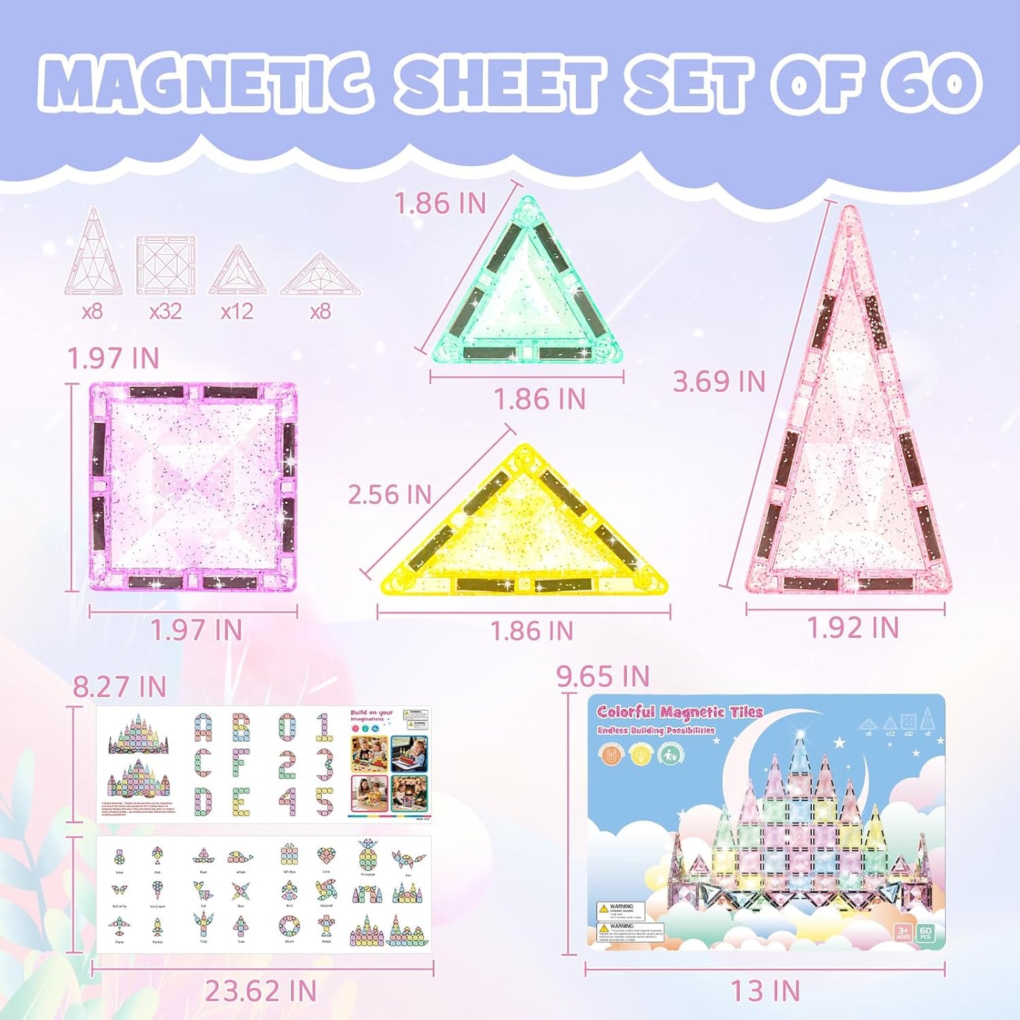 Magnetic Tiles Building Blocks for Kids Ages 3-8, Diamond Surface Travel Set with Metal Storage Box, 60PCS STEM Montessori Educational Learning Toys Gifts