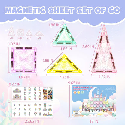 Magnetic Tiles Building Blocks for Kids Ages 3-8, Diamond Surface Travel Set with Metal Storage Box, 60PCS STEM Montessori Educational Learning Toys Gifts