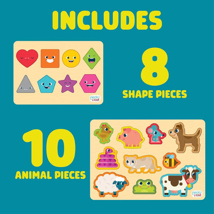 Chuckle & Roar - Jigsaw Wooden Puzzles Shapes and Animals 2 Pack - Preschool Puzzle for Toddlers Ages 3 Plus - Educational Puzzle Set for Fine Motor Skills and Screen Free Learning