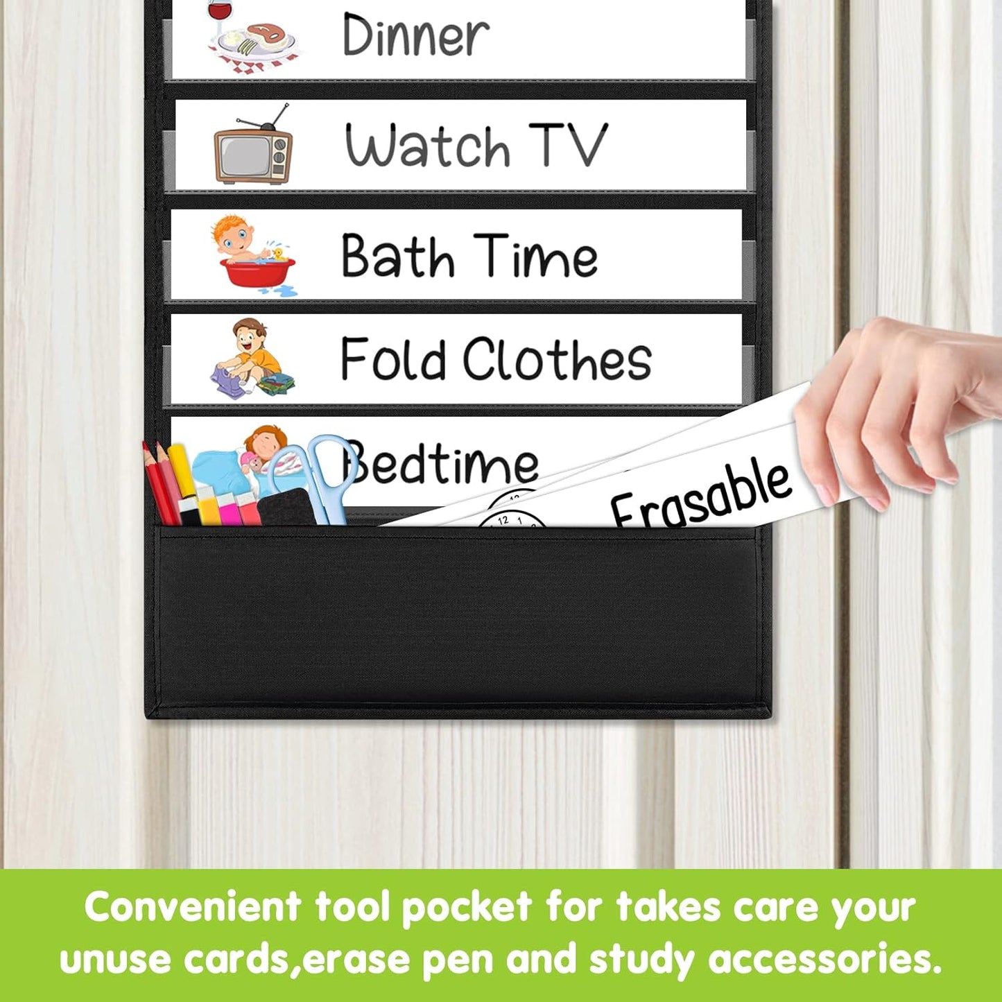 Eamay Daily Schedule Pocket Charts, Teaching Chart, Hoom, Eamay Daily Scheduling Pocket Chart with 13+1 Pockets, 18pcs Dry Erase Cards and 2 Hooks (Black-2)