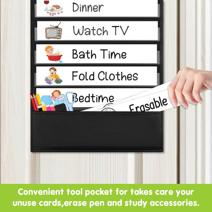 Eamay Daily Schedule Pocket Charts, Teaching Chart, Hoom, Eamay Daily Scheduling Pocket Chart with 13+1 Pockets, 18pcs Dry Erase Cards and 2 Hooks (Black-2)
