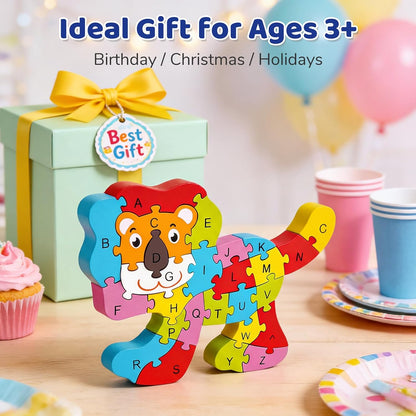 LovesTown Wooden Puzzles for Kids, Double Sided Giraffe Jigsaw with Alphabet & Numbers, Montessori Educational Toy for Toddlers, Chunky Animal Gift