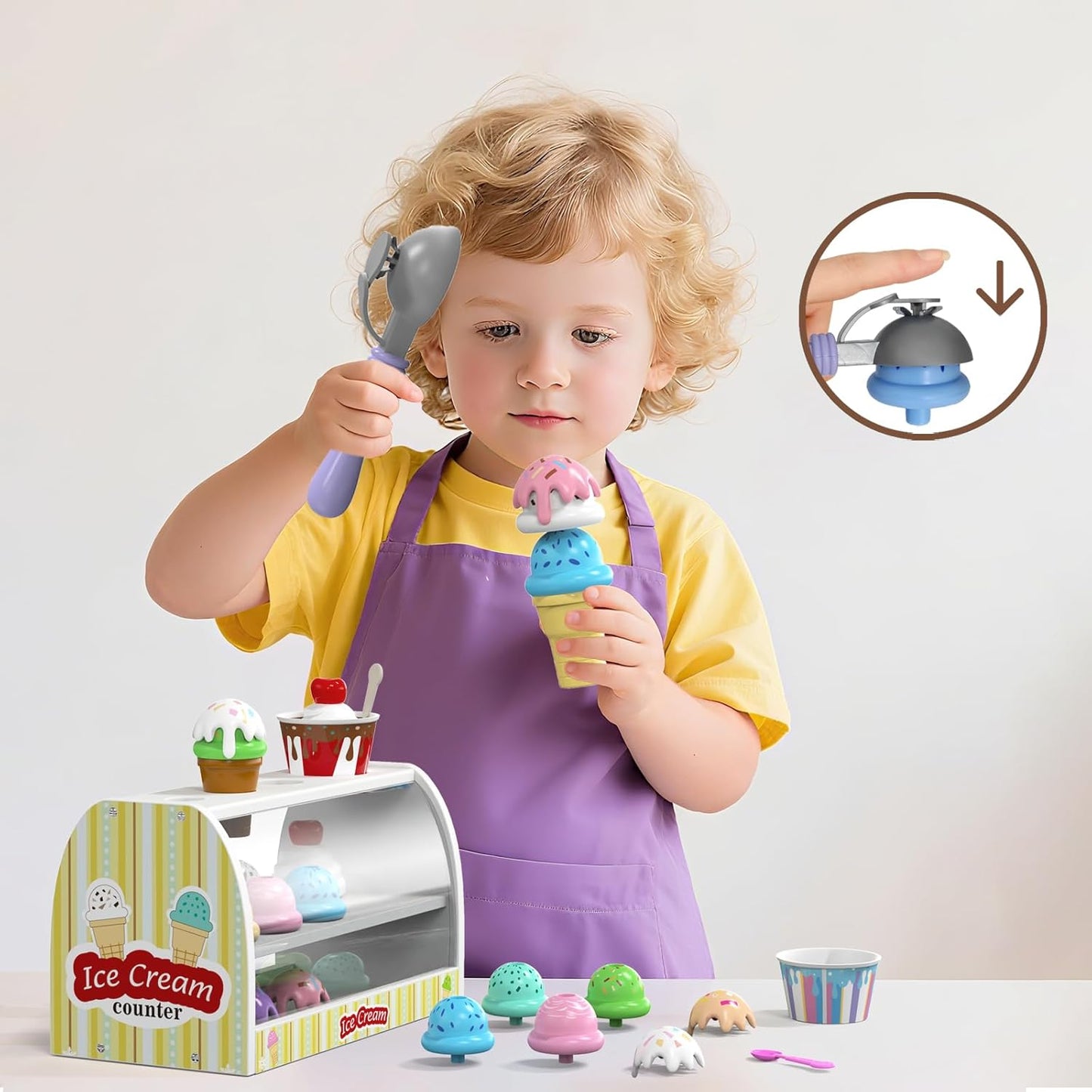 Ice Cream Play Set for Kids - Gifts for 2 3 4 Year Old Girls, Ice Cream Toy Counter Shop Pretend Play Food with Apron, Scoop, Menu, Fake Money, Toys Gifts for Boys Toddlers Ages 2-4 3-5
