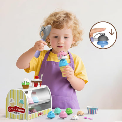 Ice Cream Play Set for Kids - Gifts for 2 3 4 Year Old Girls, Ice Cream Toy Counter Shop Pretend Play Food with Apron, Scoop, Menu, Fake Money, Toys Gifts for Boys Toddlers Ages 2-4 3-5