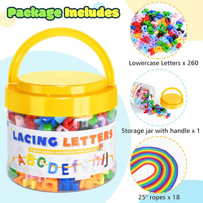 278 Pcs Lacing Letters Beads, Lowercase Alphabet Learning Toys, 10 Color Rainbow Alphabet Beads with 18 Laces, Preschool & Home Educational Toy for Kids Ages 3+, Back to School Supplies
