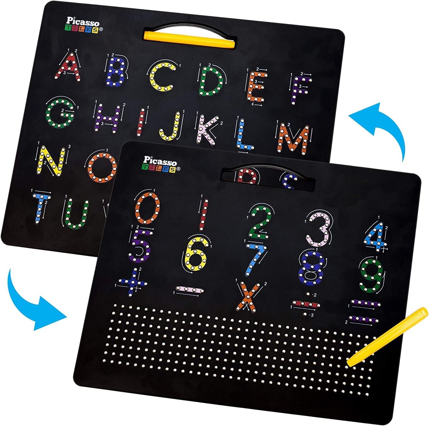 PicassoTiles Magnetic Expression Puzzle Cubes + Letters Numbers Drawing Board, 8pc Magnet Blocks w/ 36 Emotion Game Card Include, ABC A-Z Letter, Number, Freestyle Writing Erasable Magnet Tablet Pad