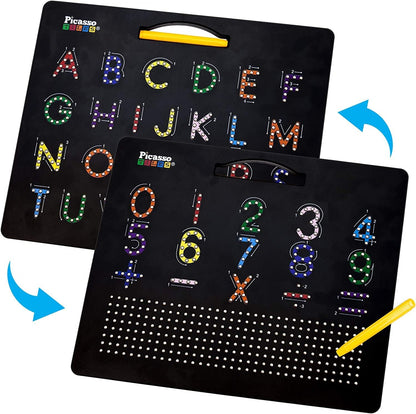 PicassoTiles Magnetic Expression Puzzle Cubes + Letters Numbers Drawing Board, 8pc Magnet Blocks w/ 36 Emotion Game Card Include, ABC A-Z Letter, Number, Freestyle Writing Erasable Magnet Tablet Pad