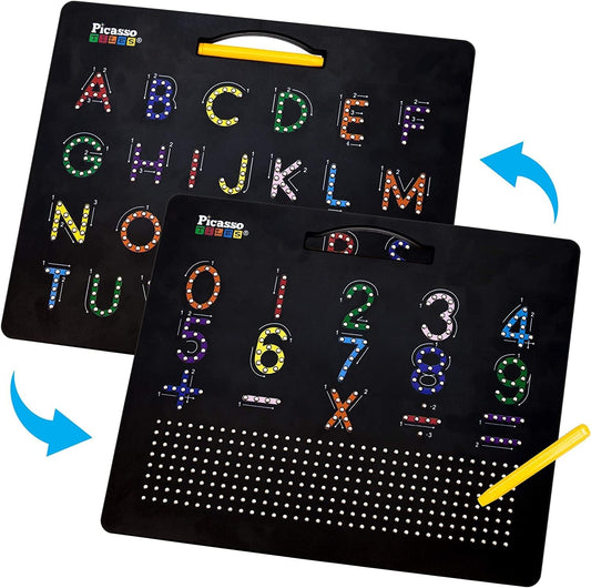PicassoTiles Magnetic Expression Puzzle Cubes + Letters Numbers Drawing Board, 8pc Magnet Blocks w/ 36 Emotion Game Card Include, ABC A-Z Letter, Number, Freestyle Writing Erasable Magnet Tablet Pad