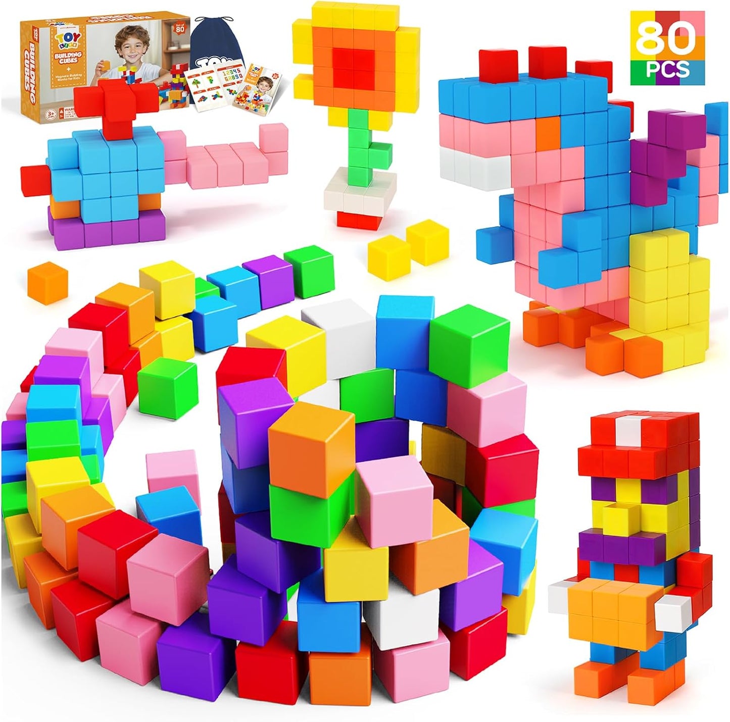 64PCS Magnetic Blocks, Magnetic Building Blocks for Kids Ages 3 4 5 6 Year Old, Magnet Cubes, Autism Montessori Toys, Preschool STEM Educational Sensory Magnet Toys Gifts for Kids 3-5 4-8