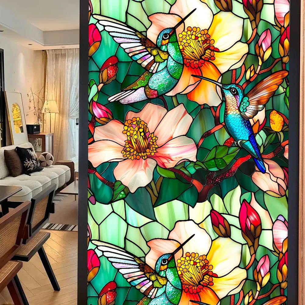 JOONOR Privacy Window Film Stained Glass Window Sticker Non-Adhesive Frosted Glass Film Decorative Magnolia Flower Pattern Static Cling Decals for Home UV Blocking/Heat Insulation 17.7 x 39.4 Inch