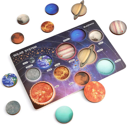Solar System Wooden Puzzle Toys for Kids 3-5, Toddler Outer Space Montessori Planet Toys Gifts for Girls & Boys, Preschool Solar System Learning Planet Wood Puzzle Board Sensory STEM Game