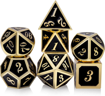 DnDnD Heavy Polyhedral Metal Dice Set with Metal Box, 7-die Shiny Blue Surface with Golden Number for RPG,Dungeons and Dragons,Pathfinder,Shadowrun,D&D,Role Palying Game and Math Teaching - Colors A