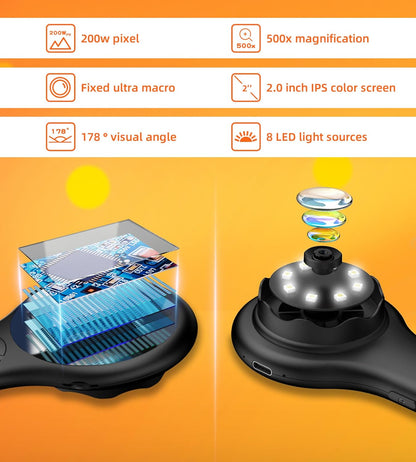 Microscope for Kids - Mini Pocket Digital Kids Microscope, Portable Handheld USB 500X Magnifying Glass, 4X Zoom, Christmas Birthday Gifts for Boys Girls Aged 3-12
