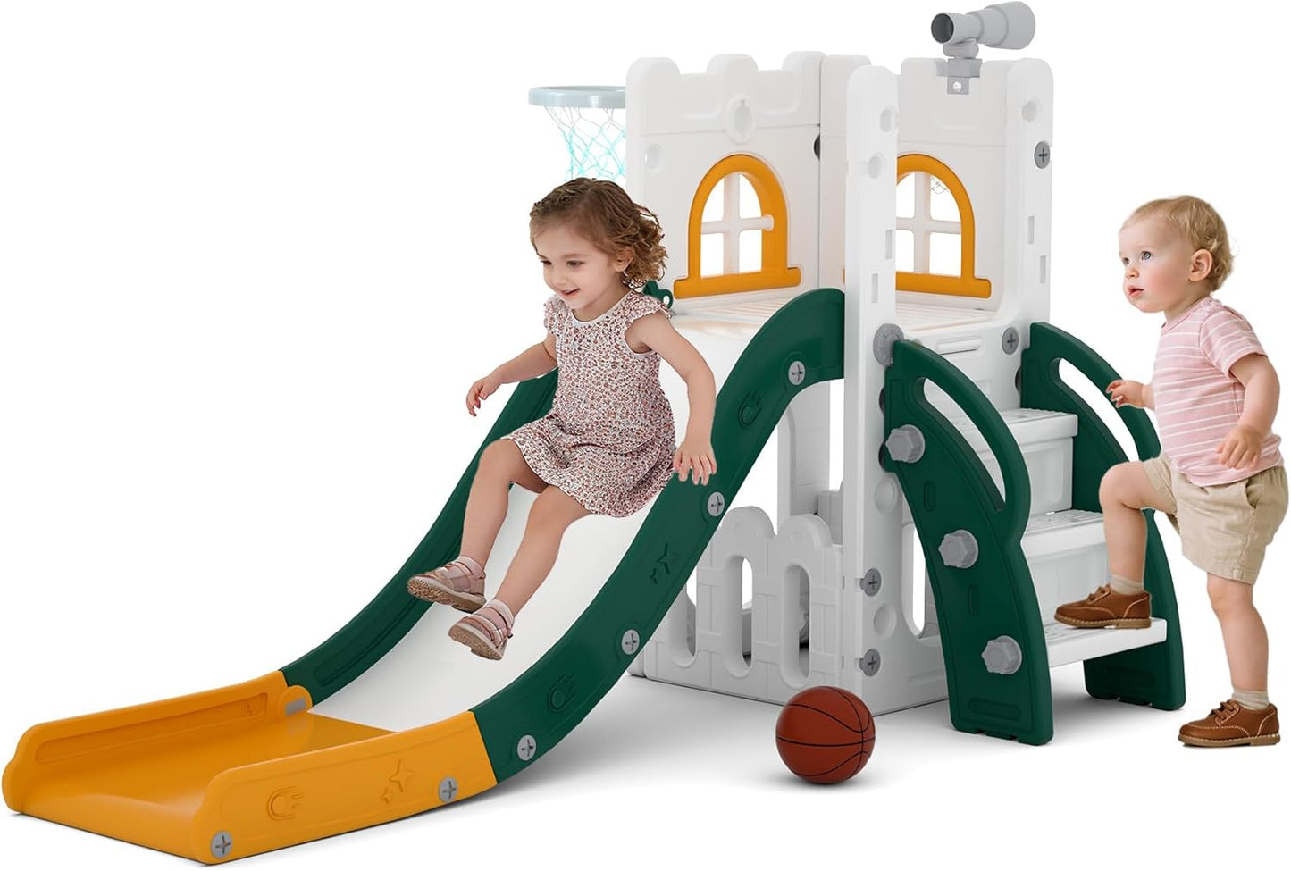 LulliSpace 6 in 1 Toddler Slide,Kids Playset for Toddlers Indoor Outdoor, Baby Slide with Basketball Hoop, Telescope & Storage Space,Non-Slip Steps for Great Gift