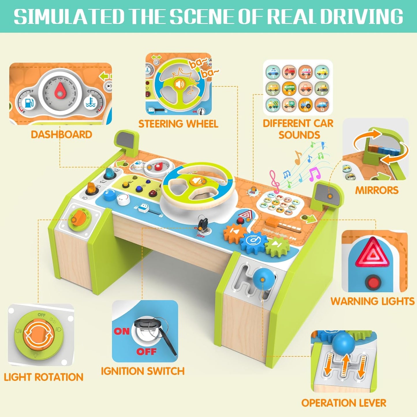 Montessori Car Busy Board for Toddlers, Wooden Sensory Steering Wheel Activity Baby Toy with Lights, Buttons, Gears & Key Start, Kids Interactive Educational Toys for Boys Girls