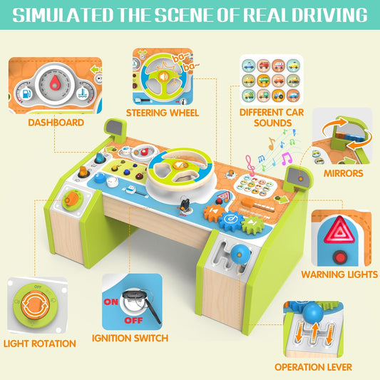Montessori Car Busy Board for Toddlers, Wooden Sensory Steering Wheel Activity Baby Toy with Lights, Buttons, Gears & Key Start, Kids Interactive Educational Toys for Boys Girls