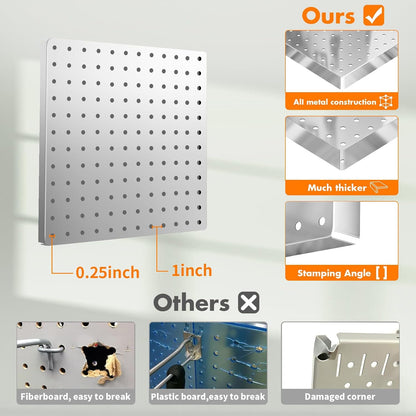 Peg Board, 4PCS Metal Pegboard Wall Organizer. Heavy Duty Pegboard, Peg Boards, Pegboard for Walls, White Pegboard for Garage Craft Room Workbench Office Kitchen Tool Organization, 12"*12"