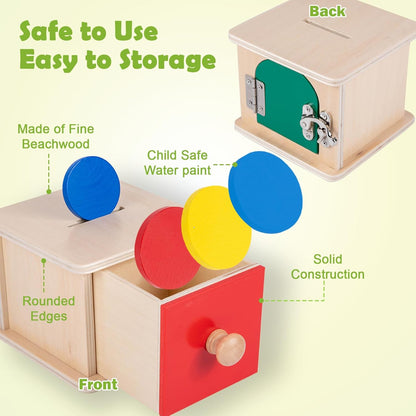 Adena Montessori Coin Box -Natural Wood Double-Sided Object Permanence Box Toy for 1-Year-Old Babies, Wooden Montessori Developmental Toy for 6-12 Month, Early Learning Gift