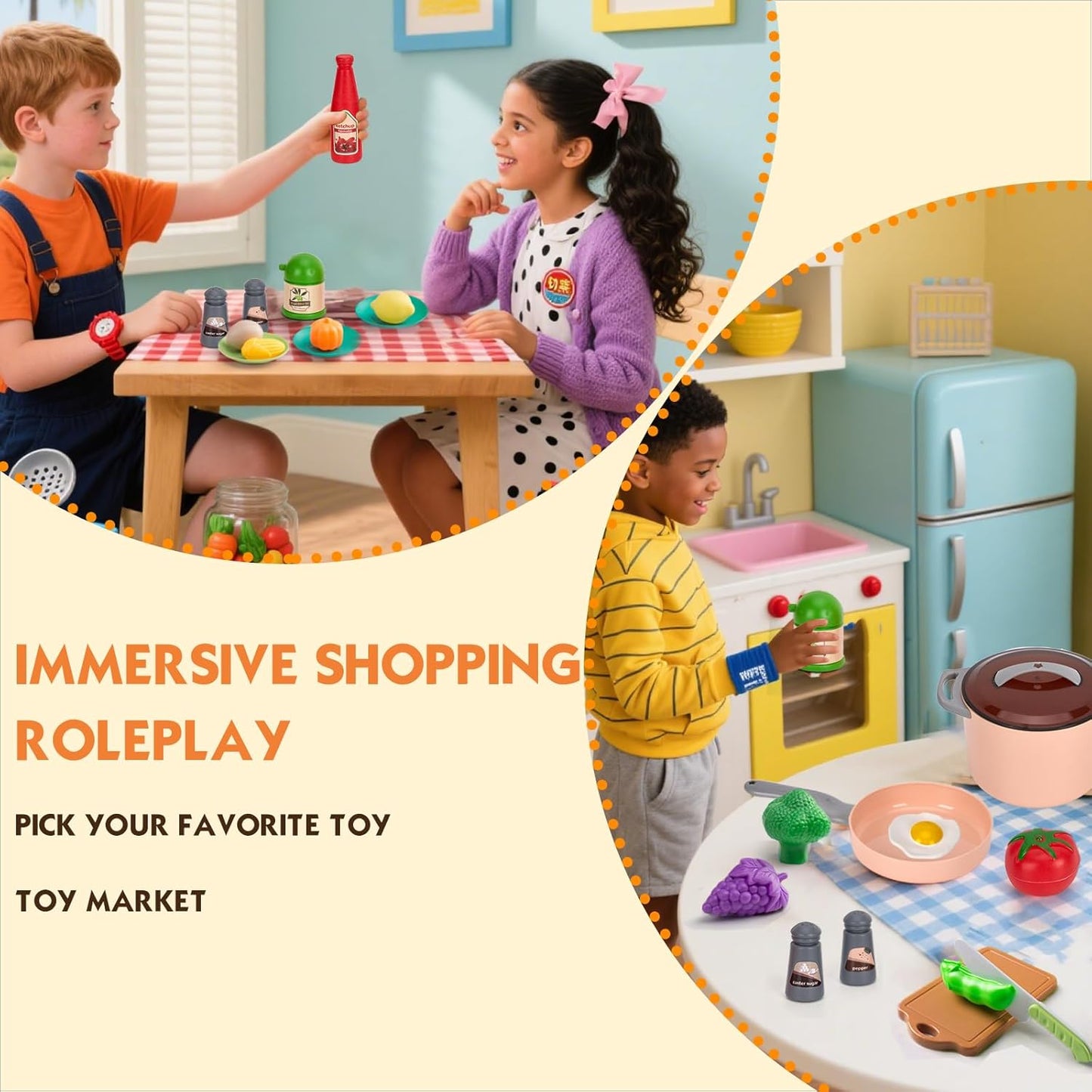 150Pcs Kitchen Playset, Toddlers Pretend Cooking Cookware Accessories, Food, Picnic Blanket, Fruits, Veges, 2Pack Shopping Storage Basket, Dessert and Prop Money, Gift for Kids (Pink)