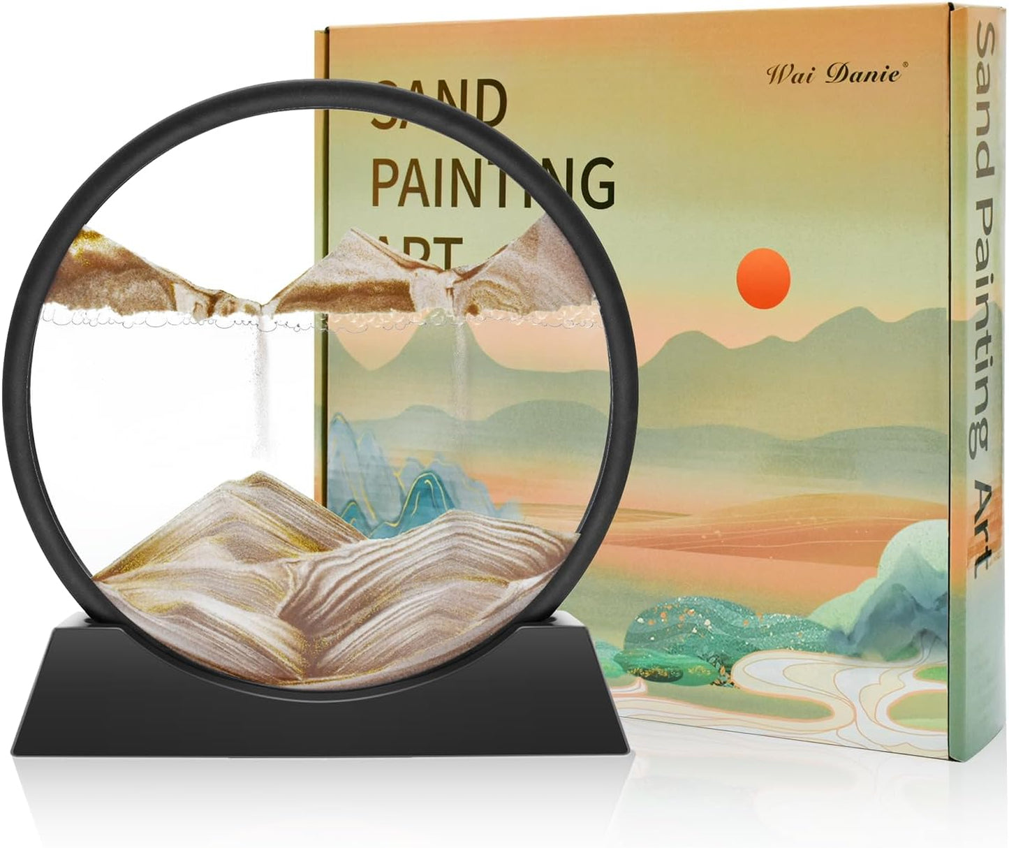 Wai Danie Moving Sand Art Picture 3D Hourglass Deep Sea Sandscape Liquid Motion Display Painting Flowing Sand Frame Relaxing Desktop Home Office Work Decor (Black, 12 Inches)