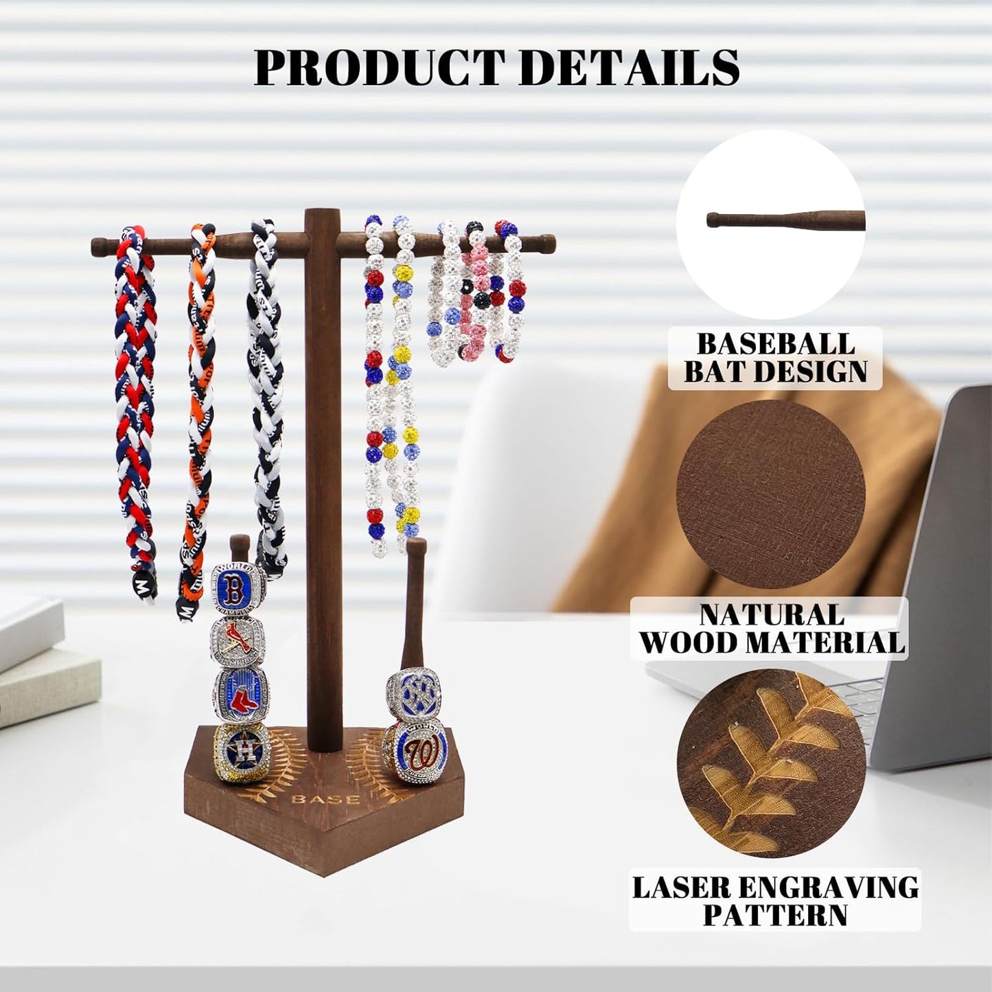 rain bunny Wooden Baseball or Softball Drip Necklace Organizer Holder, Championship Ring Display Holder, Softball Ring Holder, Drip Necklace Baseball Display Gift (Walnut Red)