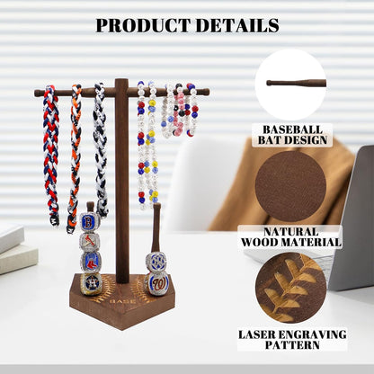 rain bunny Wooden Baseball or Softball Drip Necklace Organizer Holder, Championship Ring Display Holder, Softball Ring Holder, Drip Necklace Baseball Display Gift (Walnut Red)