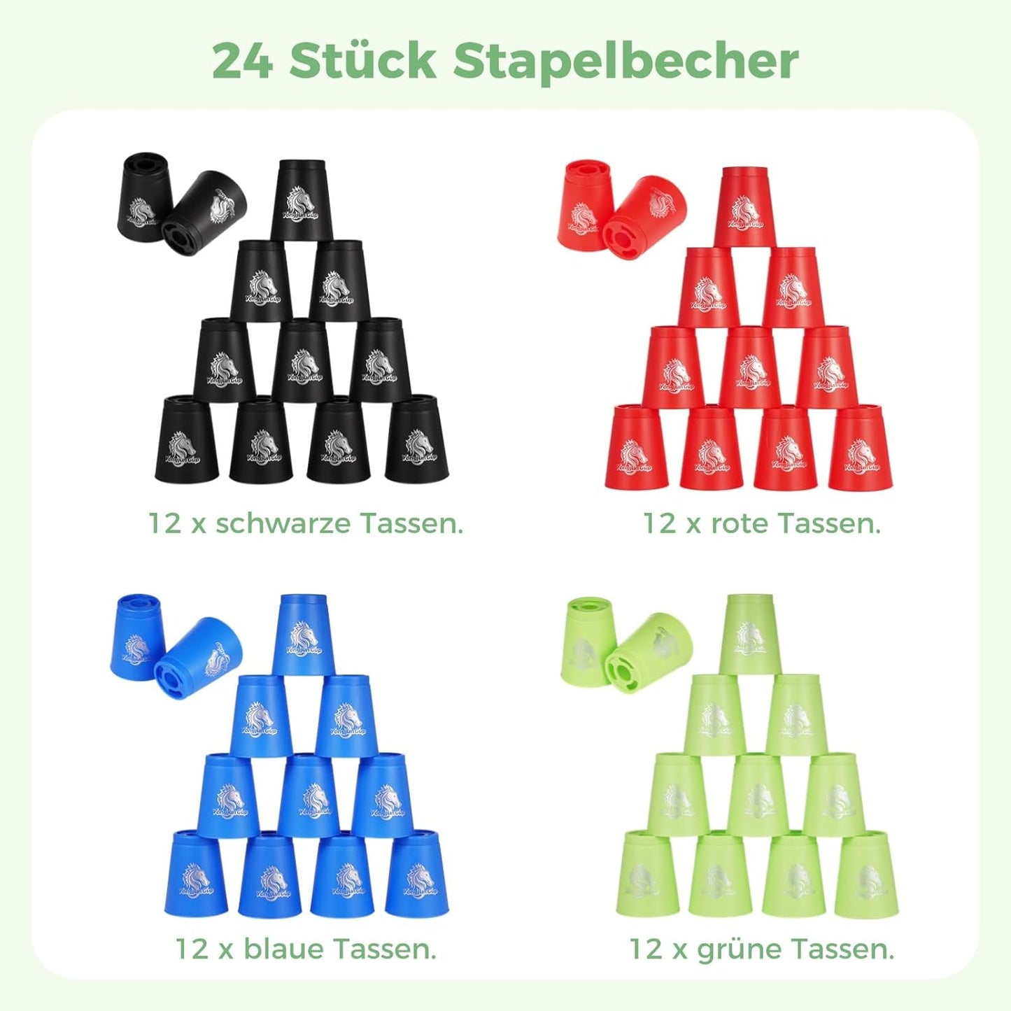 yeesport 48 PCS Sport Stacking Cups with Horse Pattern, Sport Training Game for Challenge Competition, Plastic Stacking Cups, Classic Family Game for Youth and Adults, Red+Blue+Green+Yellow