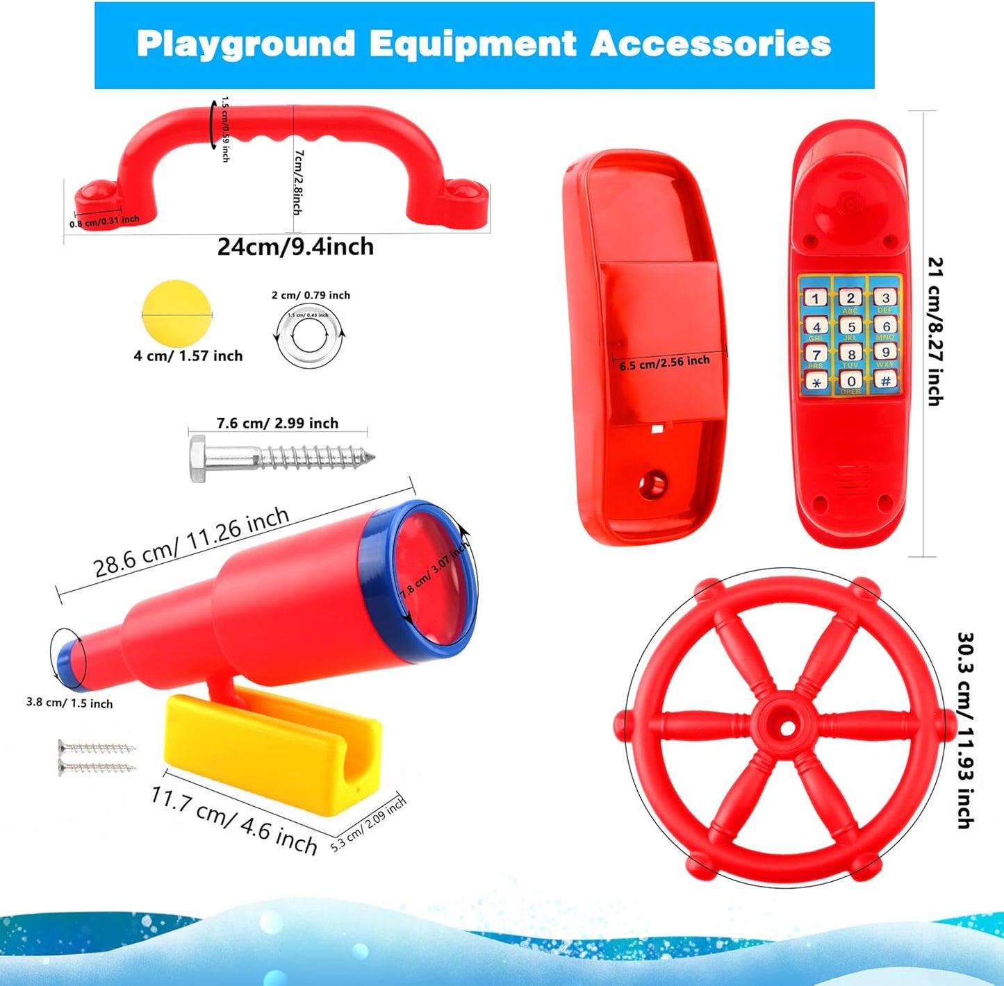 5 Pcs Kids Playground Accessories for Kids Outdoor Plastic Steering Wheel Swingset Phone Pirate Telescope Telephone Safety Handle for Child Backyard Tree House Playhouse Jungle Gym (Yellow Set 1)