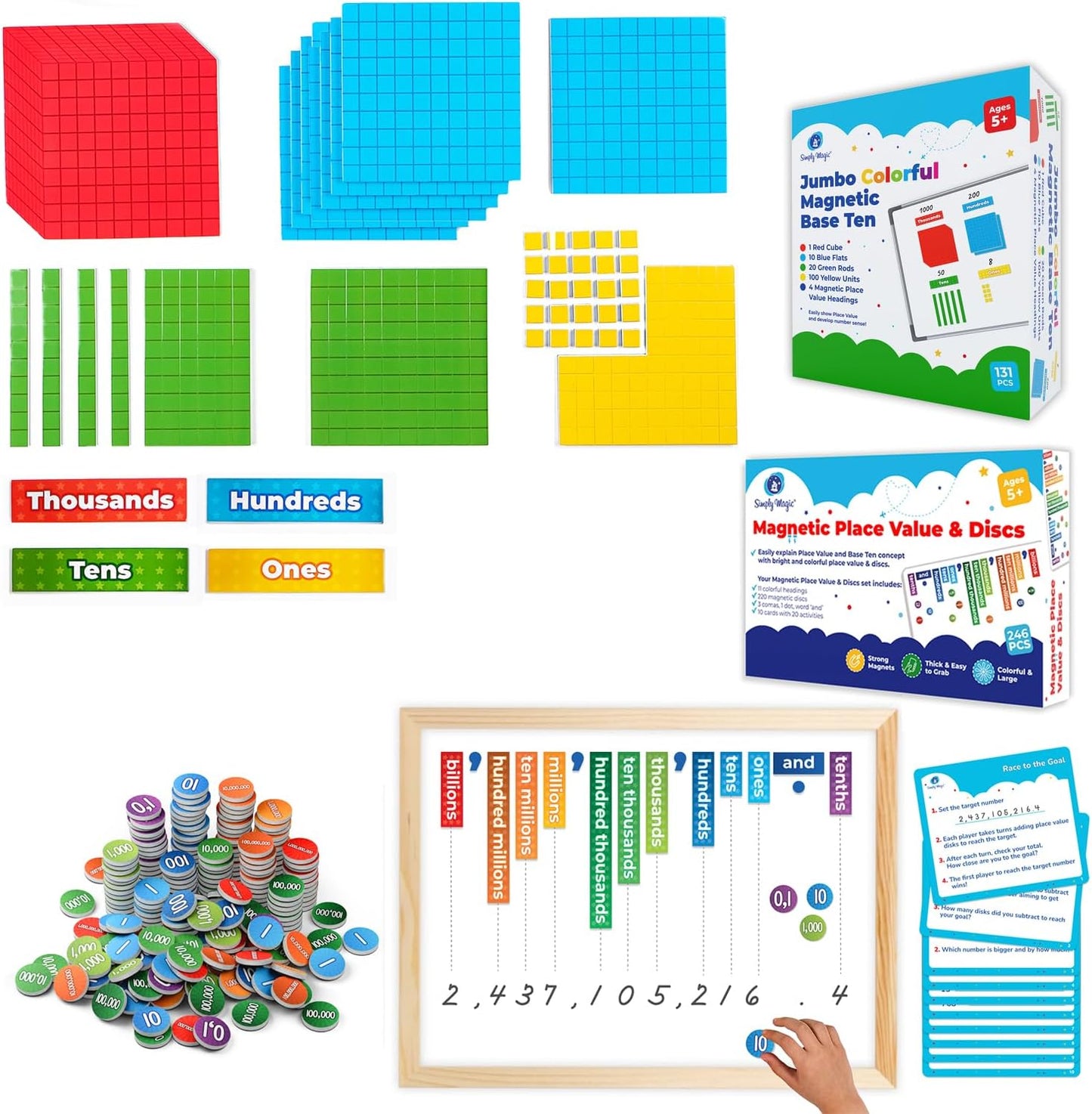 Simply Magic Magnetic Place Value & Discs Set & Jumbo Colorful Magnetic Base Ten Blocks + Headings for Math