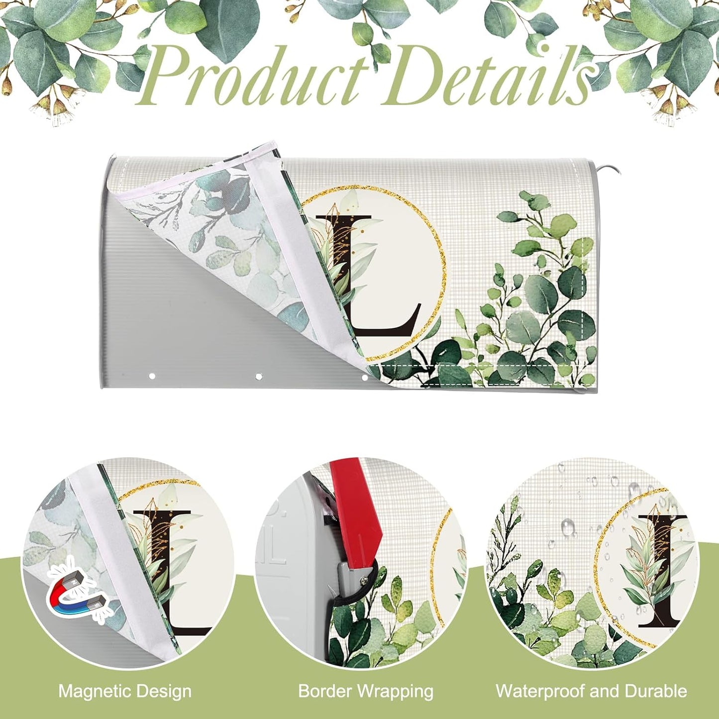 Tiamon Monogrammed L Mailbox Covers Magnetic Eucalyptus Welcome Letter Box Wrap Standard Size 21x18 Inch Spring Summer Leaves Mailbox Decor Eucalyptus Letter Numbers Decoration for Outdoor Garden Yard