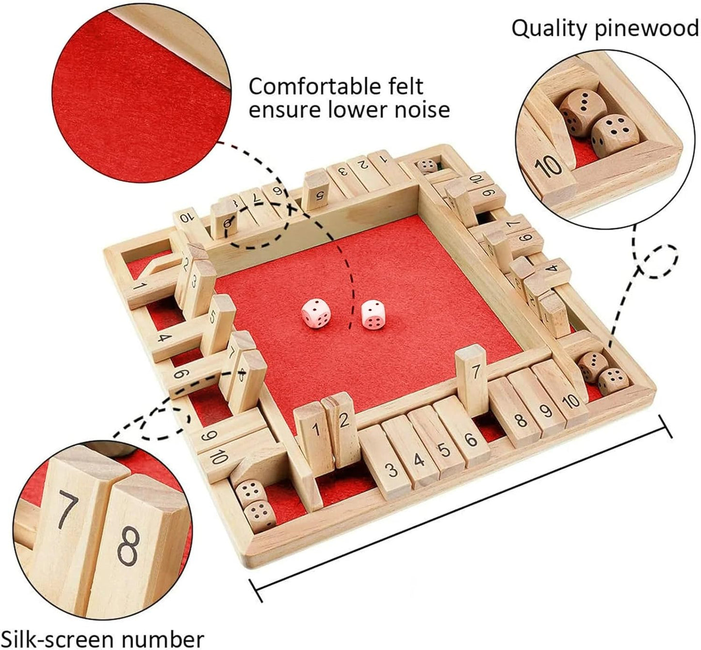 1-4 Players Shut The Box Dice Game, 10 Numbers Traditional Wooden Pub Bar Board Family Table Mat Game Dice for Adults