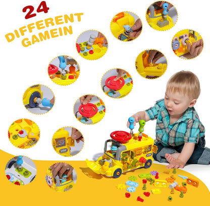 SO&MOTOYS 53 PCS Montessori Tool Kit for Toddlers 3-5 | Realistic Kids Screwdriver Set with Engineer Doll | STEM Learning Building Toys for Fine Motor Skills | Busy Bus Engineering Vehicle Gift