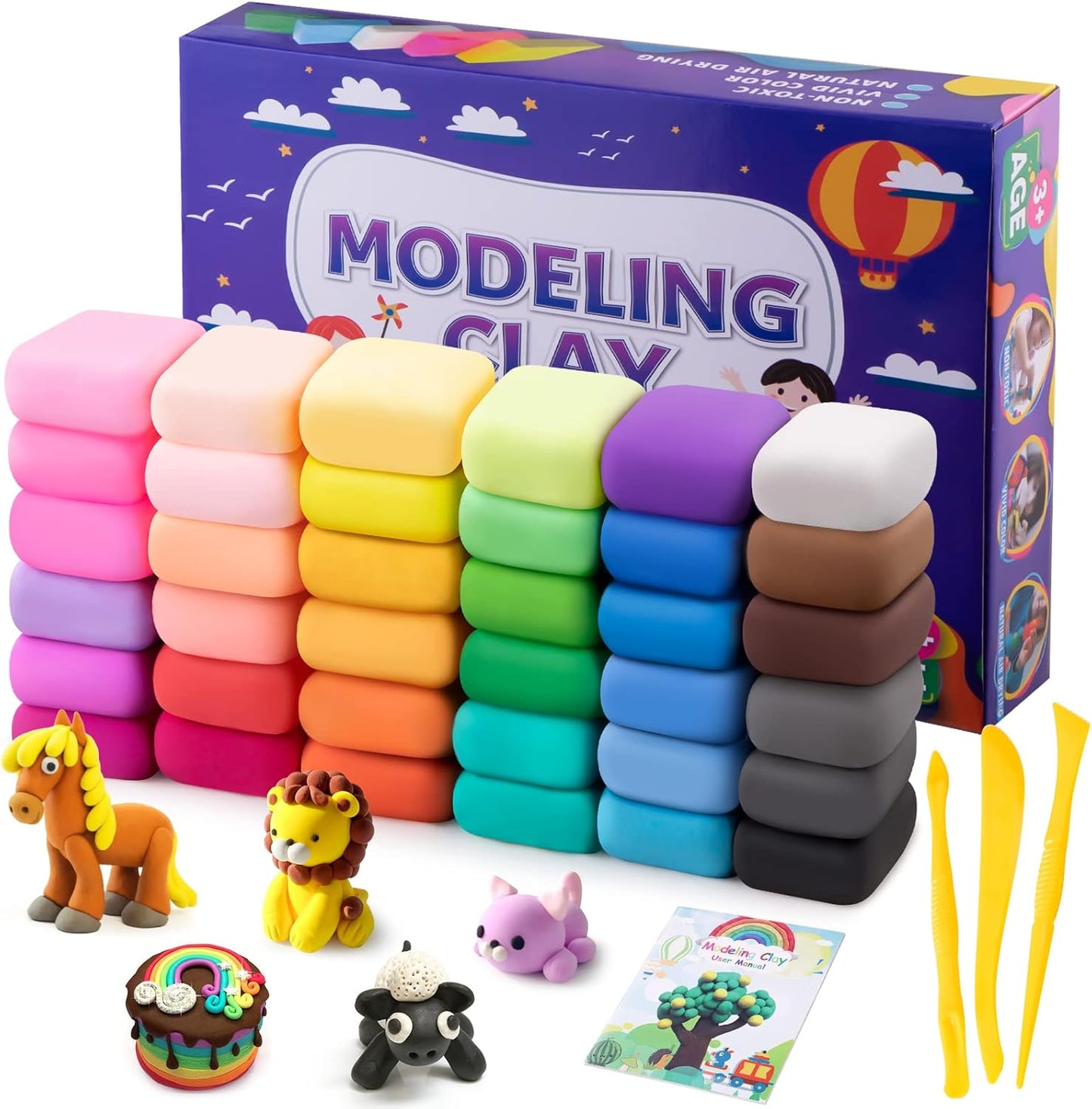 Air Dry Modeling Clay Kit - 24 Colors with 3 Sculpting Tools - Magic Foam Clay for Kids & Adults - DIY Molding Gift for Boys & Girls