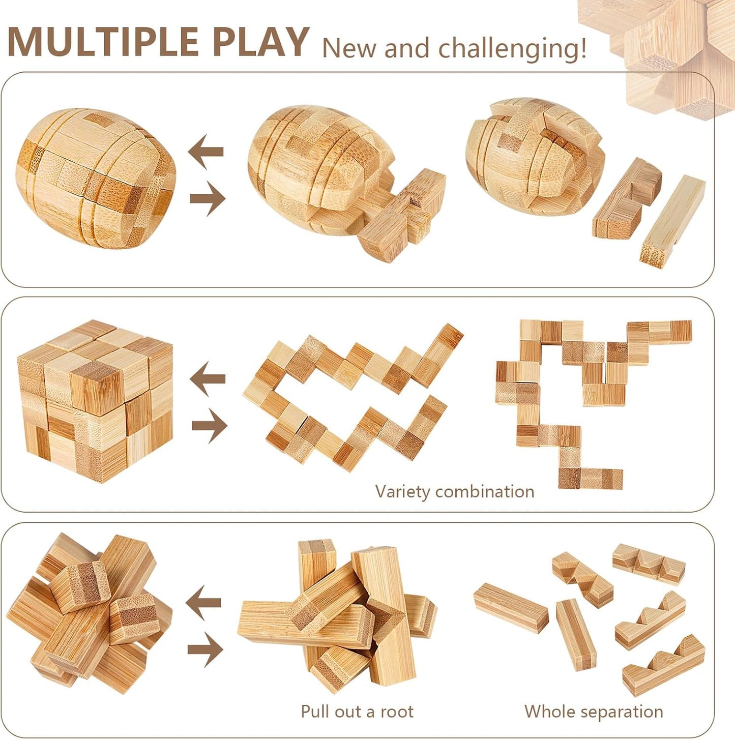 VolksRose 9pcs Wooden Brain Teaser Puzzles, IQ Challenge Puzzle Games, Logic Smart Mind Puzzle Box Lock Toy Removing Assembling 3D Small Puzzle Gift Set for Adults Teenagers Kids, 1.8inch 4.5cm
