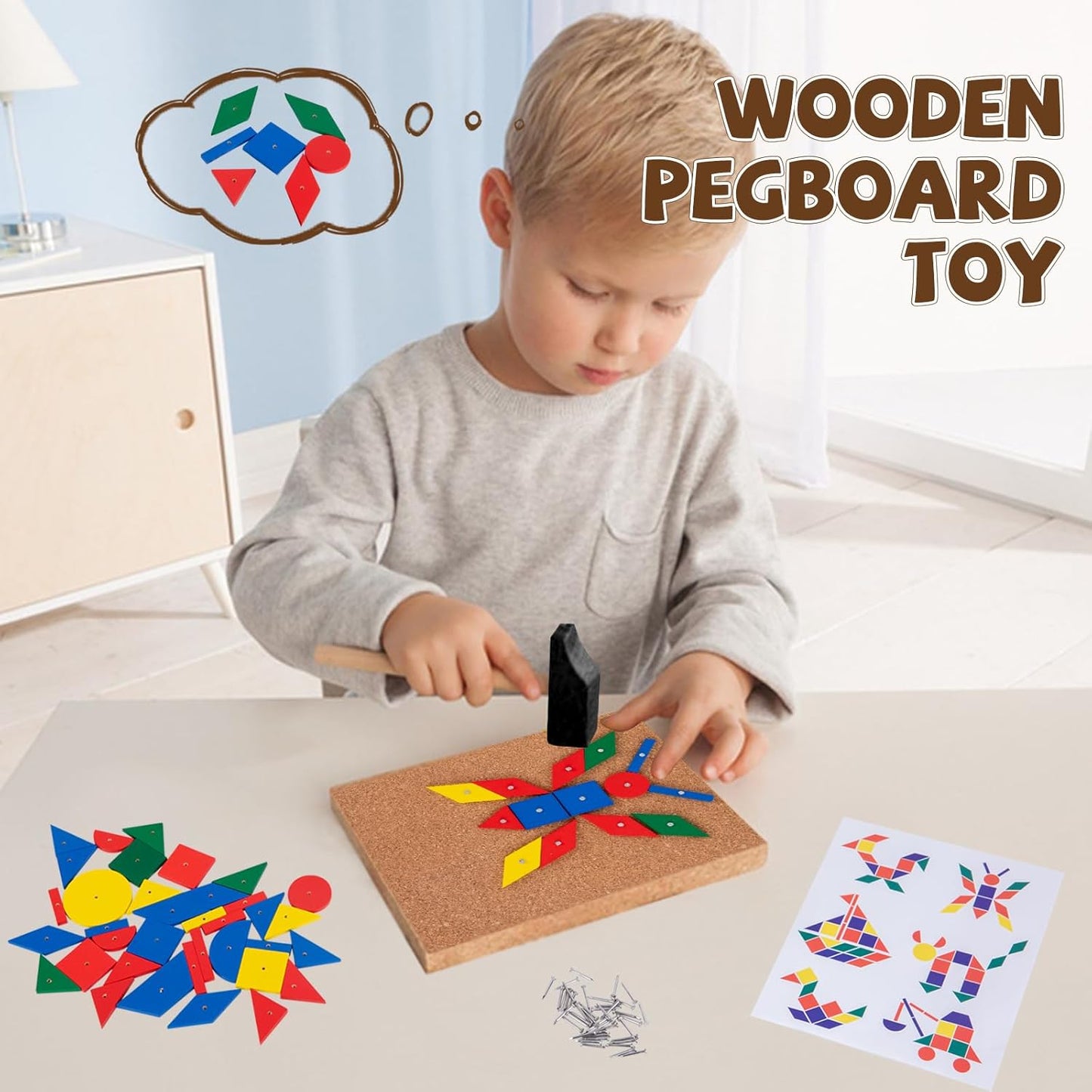 Adena Montessori Hammer and Nail Toys Wooden Pegboard Puzzle for 4-6 Year Olds