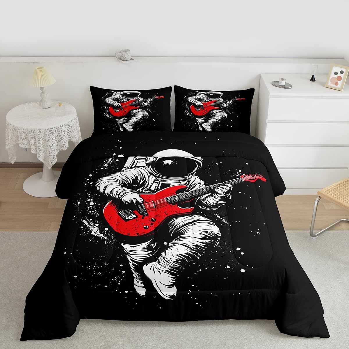 Erosebridal Drum Kit 3D Print Kids Comforter Sets Rock Music Themed Full Bedding Set for Boys Girls Musical Pattern Comforter Set,Colorful Retro Style Quilt Duvet 3 Pcs