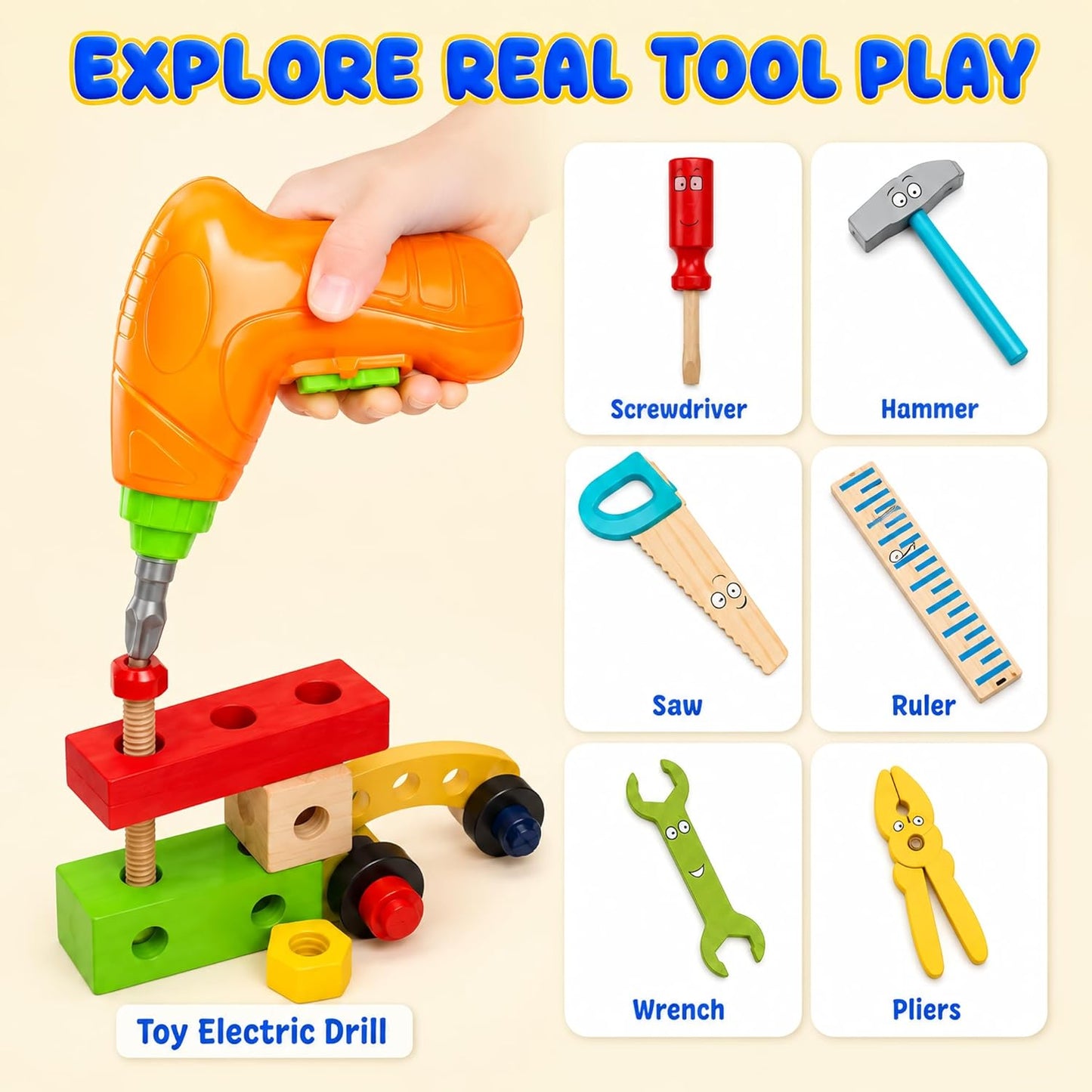 Kids Tool Set with Drill, Montessori Toys for 2 3 4 5 6 Years Toddler Toys Kids Toys, 41 Pcs Wooden STEM Construction Learning Pretend Play Games, Birthday Gift for Boys Girls