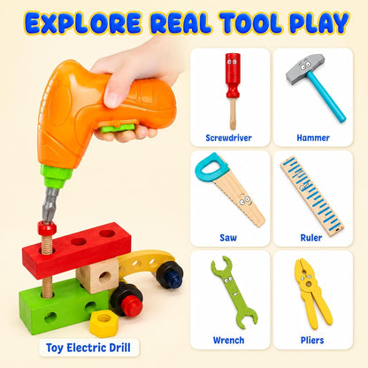 Kids Tool Set with Drill, Montessori Toys for 2 3 4 5 6 Years Toddler Toys Kids Toys, 41 Pcs Wooden STEM Construction Learning Pretend Play Games, Birthday Gift for Boys Girls