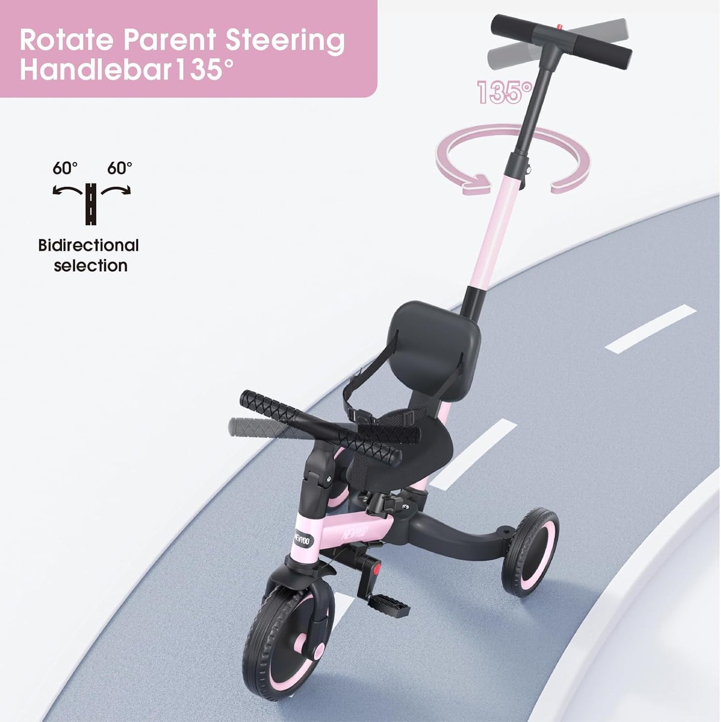 newyoo Toddler Tricycle with Push Handle for 1-3 Year Old, Toddler Bike, Birthday Gift and Toy for Boys and Girls, 5 in 1 Kids Trike, Balance Bike with Backrest and Safety Belt, Khaki, TR007