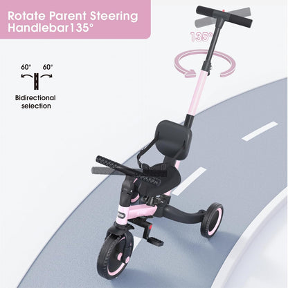 newyoo Toddler Tricycle with Push Handle for 1-3 Year Old, Toddler Bike, Birthday Gift and Toy for Boys and Girls, 5 in 1 Kids Trike, Balance Bike with Backrest and Safety Belt, Khaki, TR007