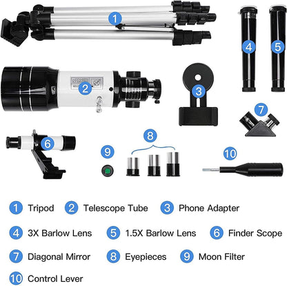 Telescope for Kids & Adults, 70mm Aperture 300mm Telescopes for Astronomy Beginners, 15X-150X Magnification Portable Refractor Telescope with Adjustable Tripod, Phone Adapter