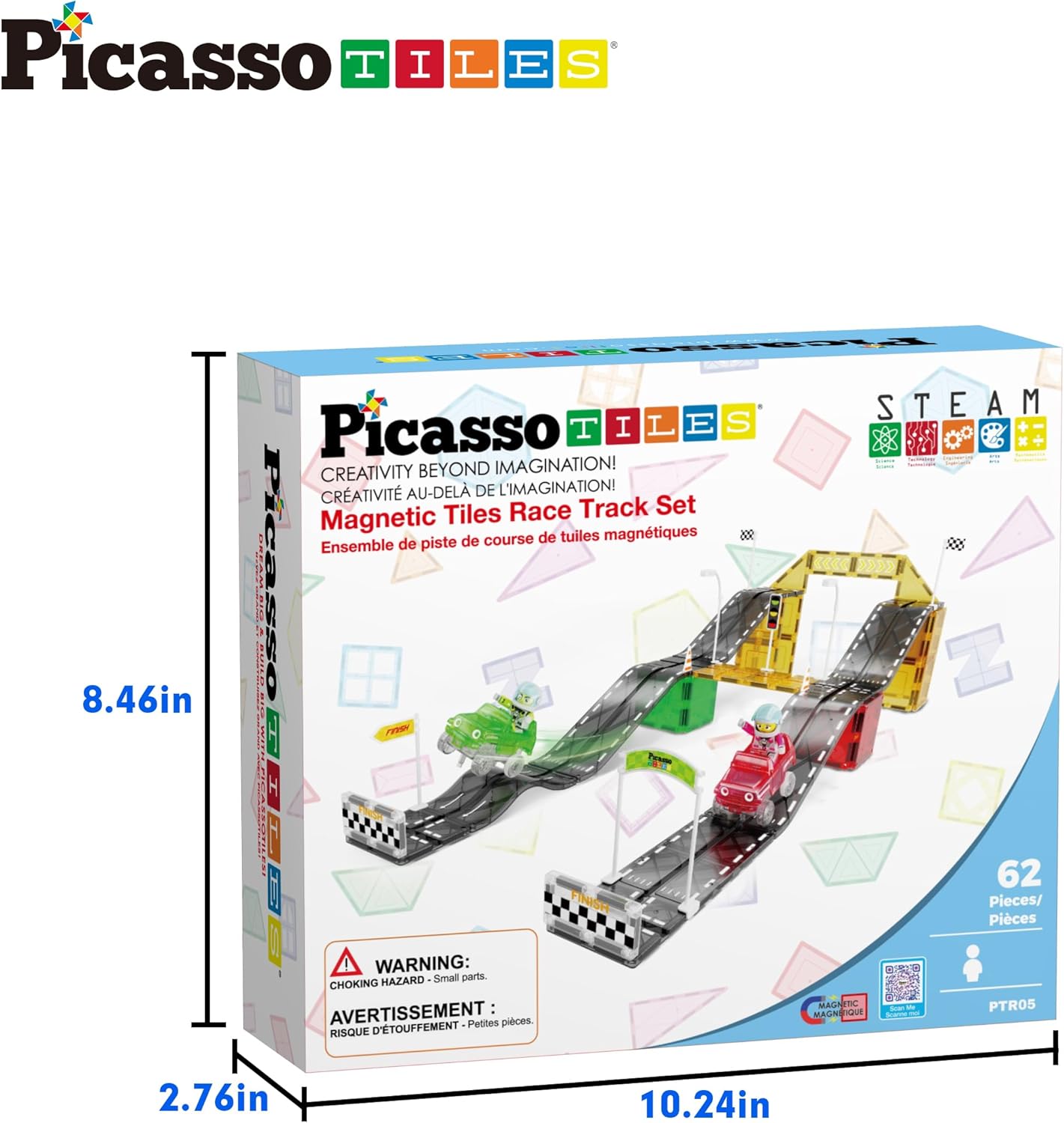 PicassoTiles 50pc Racecar Track Magnetic Tiles Educational Kids Toy with 2 Light Up Trucks STEM Preschool Learning Magnet Tile Toddler Toys Boys Girls Ages 3+ Blocks Game Puzzles Build Playset PTR50