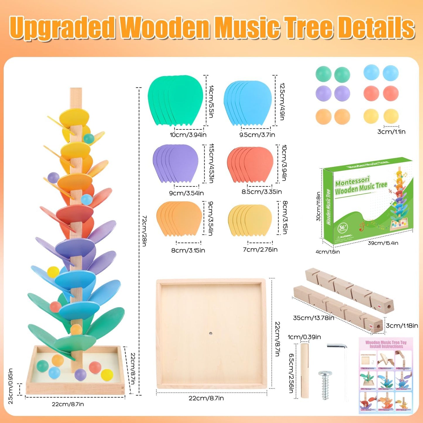 Marble Run Wood Ball Drop Toy for Kids 3-5 Toddlers Wooden Musical Tree Set Ball Run Toys for 4-8 8-12 Years Old Marble Tree Montessori Toys Christmas Birthday Gift (1.1inch Balls)