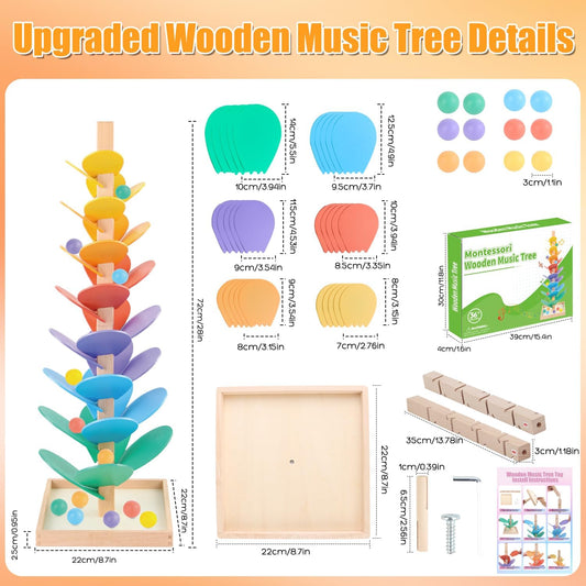 Marble Run Wood Ball Drop Toy for Kids 3-5 Toddlers Wooden Musical Tree Set Ball Run Toys for 4-8 8-12 Years Old Marble Tree Montessori Toys Christmas Birthday Gift (1.1inch Balls)