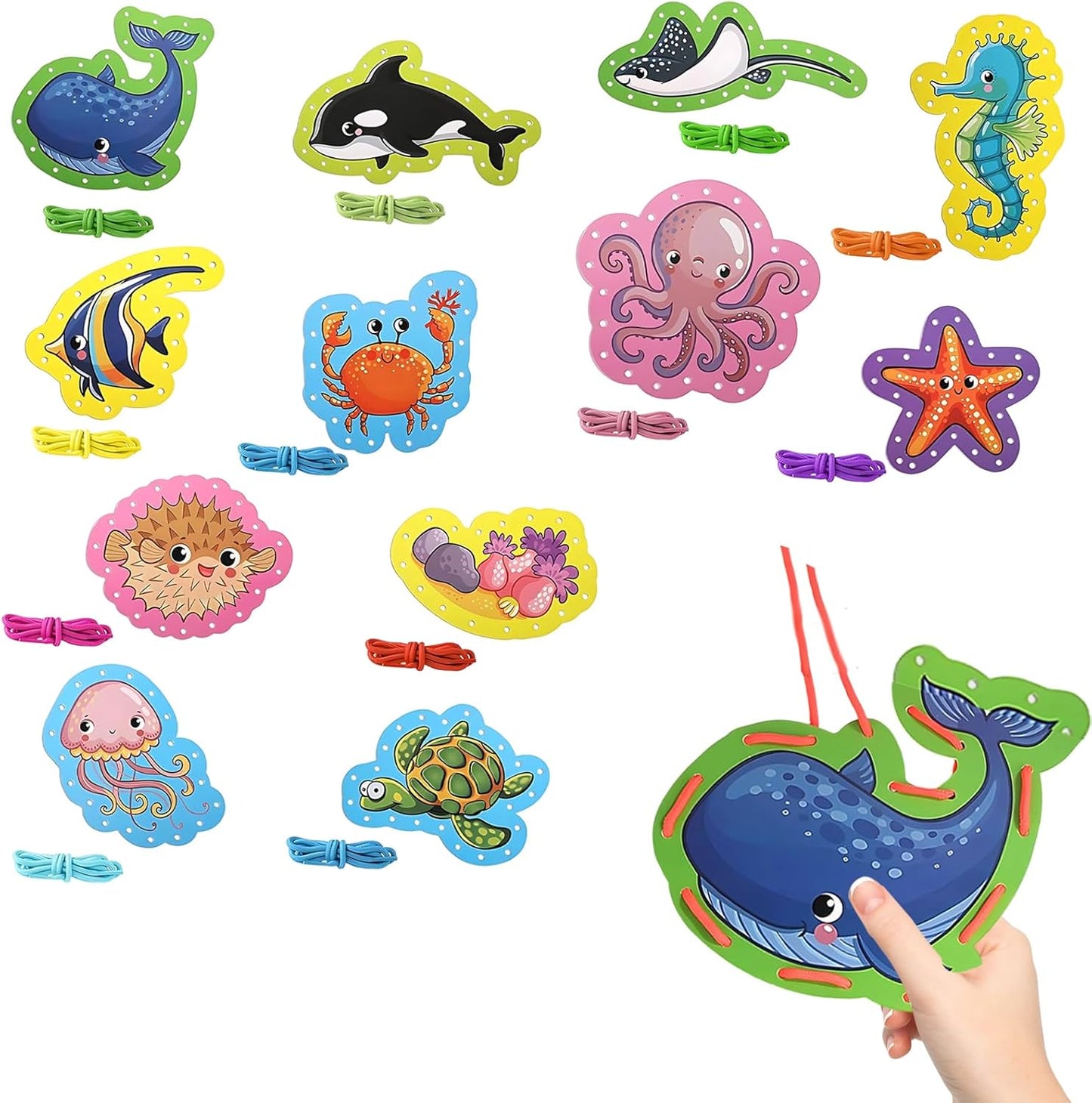 Ocean Animal Lacing Card Set for Kids, 12 Colorful Lacing Cards and Laces, Fun DIY Craft Project for Toddlers, Preschoolers, Perfect for Home and Classroom Activities, Ocean-Themed Design