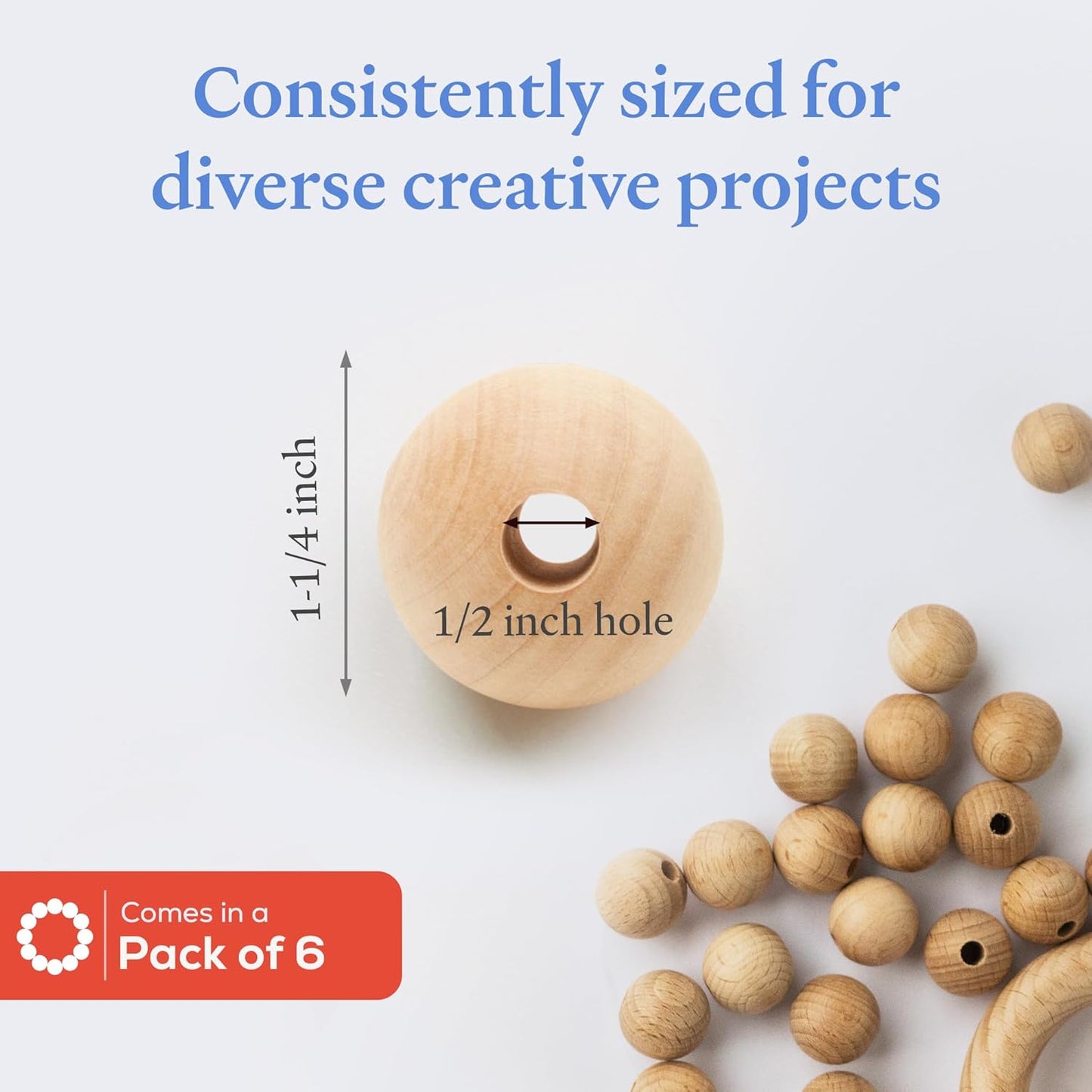 Large Wooden Beads for Crafts - Pack of 6 32mm 1-1/4 x 3/8 Inch Hole Large Wood Beads for Crafts withHoles for DIY | Round Wooden Balls for Crafts | Wood Beads for Jewelry Making | Woodpeckers