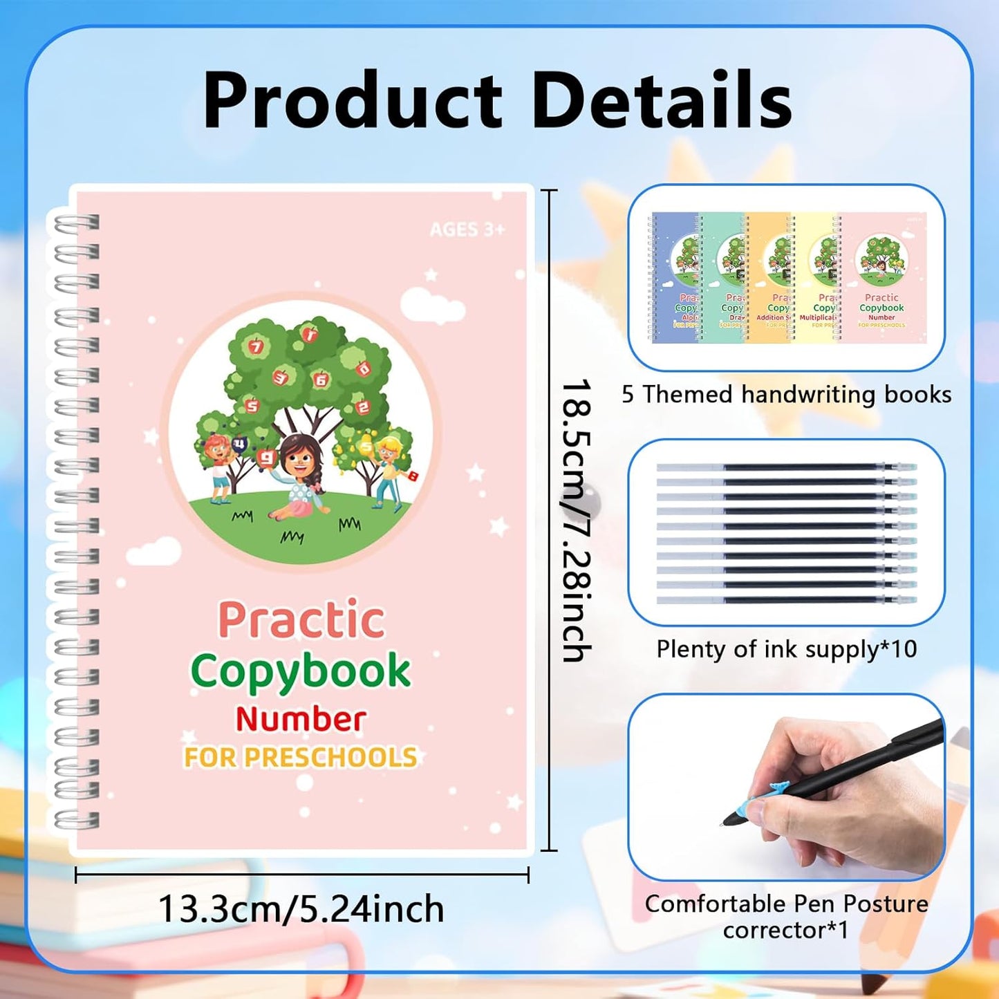 Magic Grooved Writing Practice Books, Handwriting Practice Magic Copybook for Kids Ages 3-8, Large Grooved Writing PracticeBook Aid Magic Pen Reusable Letter Learning Kit, Kindergarten Workbooks