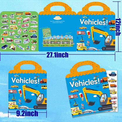 RUSON Reusable Sticker Book for Kids, 2 Sets Educational Learning Toys Travel Stickers Activity Books for Toddler Girls Boys Age 3+ Birthday Gifts - Vehicle & Dinosaur