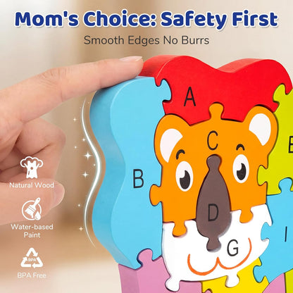 LovesTown Wooden Puzzles for Kids, Double Sided Giraffe Jigsaw with Alphabet & Numbers, Montessori Educational Toy for Toddlers, Chunky Animal Gift